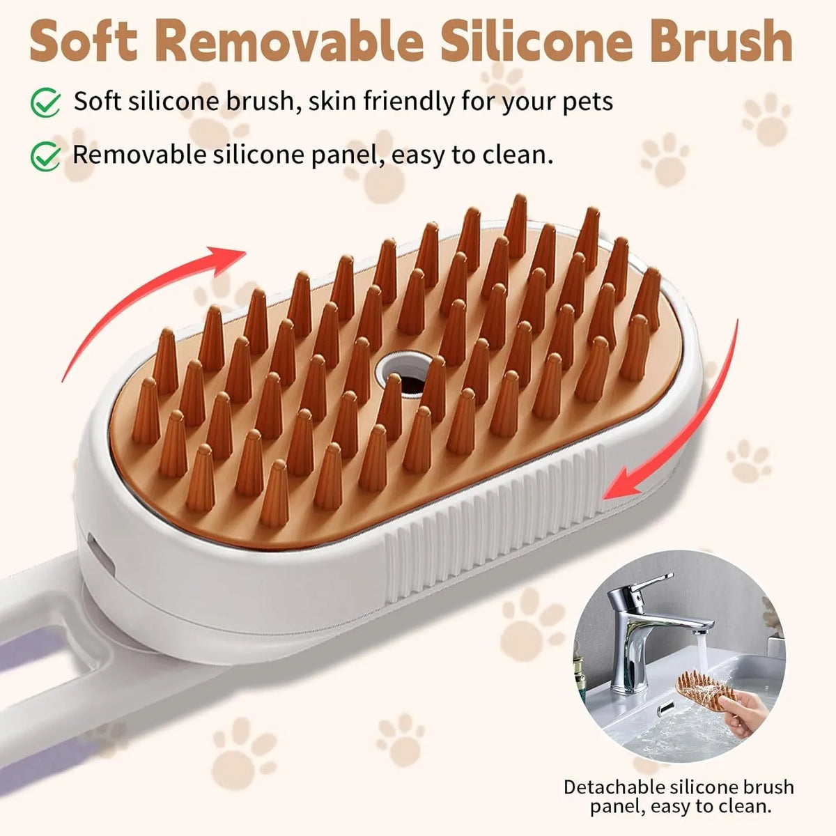 3-in-1 cat steam brush with foldable handle, silicone and ABS, soft bristle tips, for cats and dogs