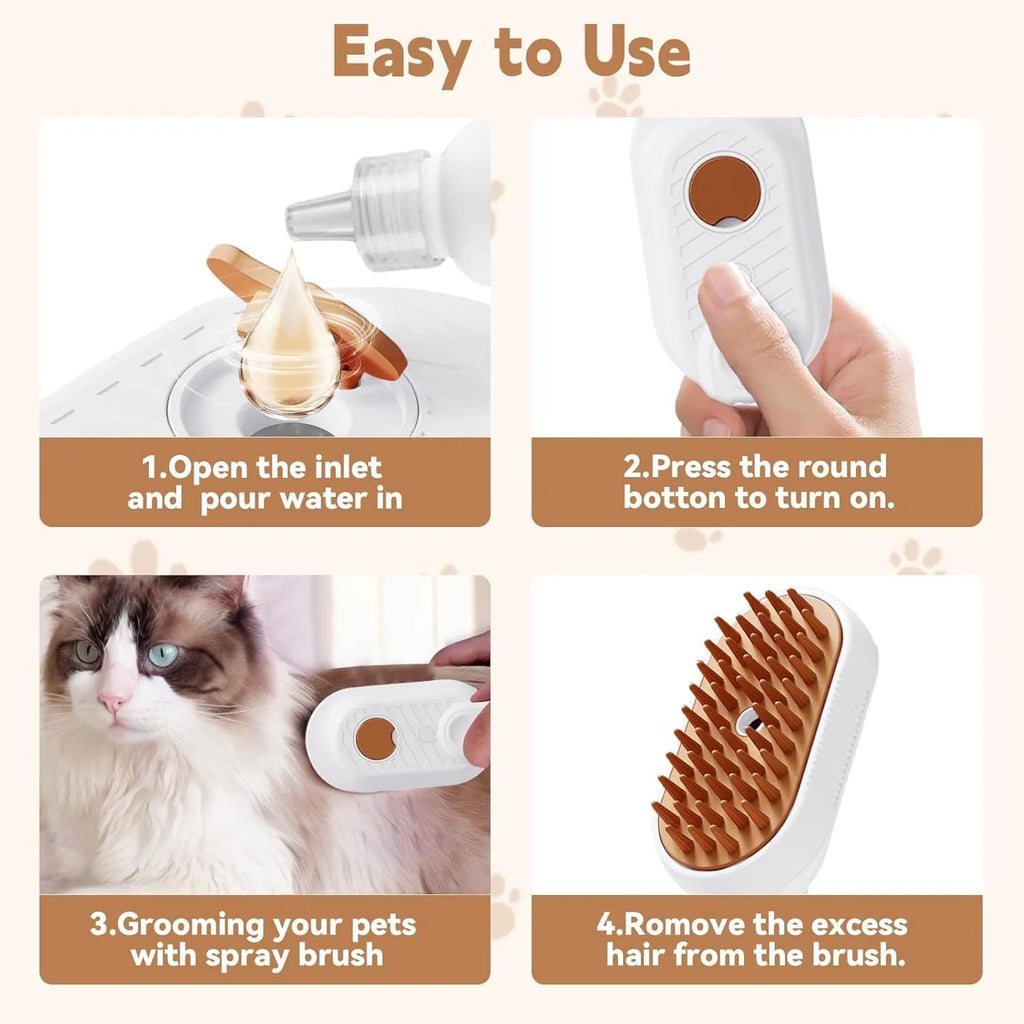 3-in-1 cat steam brush with foldable handle, silicone and ABS, soft bristle tips, for cats and dogs