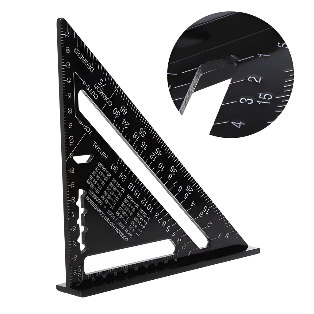 Black aluminium alloy triangle ruler square with 90 and 45 degree angles, 7 inch or 12 inch format