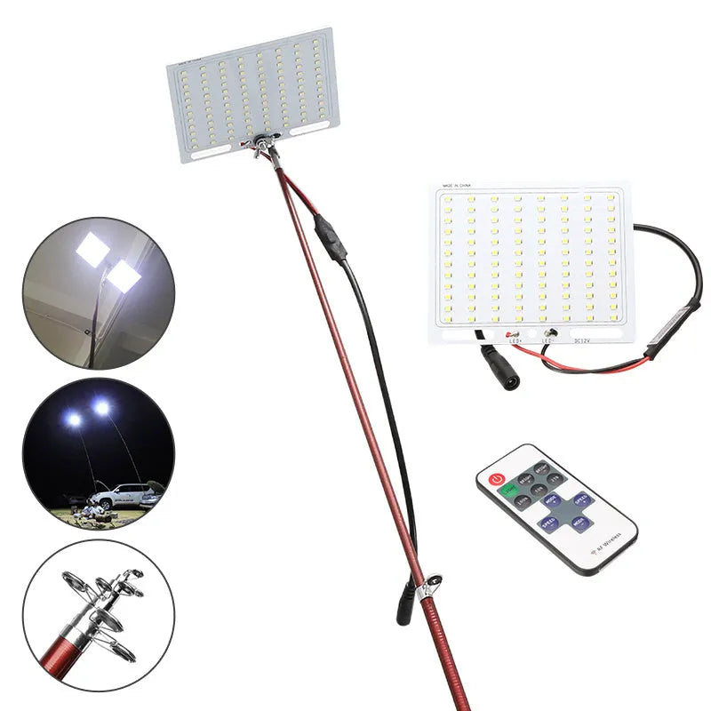 White LED fishing rod light with telescopic pole extended to 5 metres showing remote control
