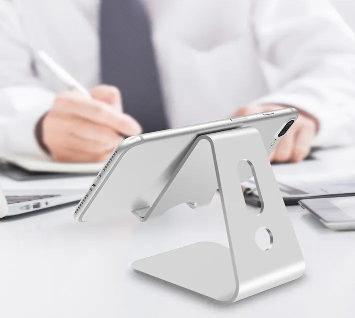 Metal aluminium alloy stand for phones and tablets in black, red, rose gold, and silver colours.