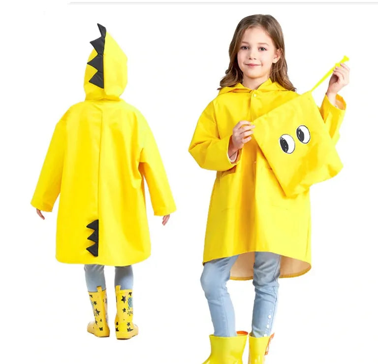Dinosaur raincoat for kids in red or yellow, hooded design, sizes S to 3XL with size chart measurements