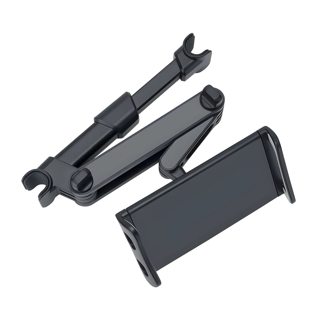 Black car phone holder mounted on vehicle rear seat base with tablet secured in adjustable grip