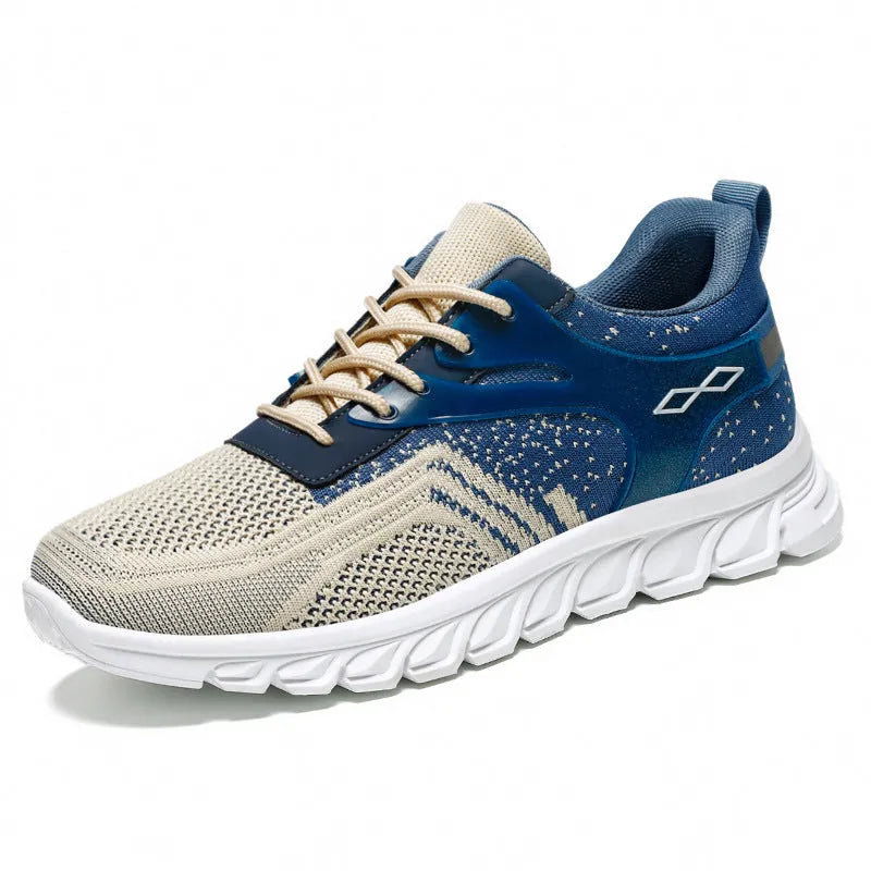 Men's breathable soft bottom sneakers in beige blue with striped polyester fibre upper, flat heel and round toe
