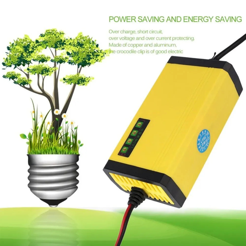 Yellow 12V 2A motorcycle battery charger with ABS body, alligator clips and EU plug