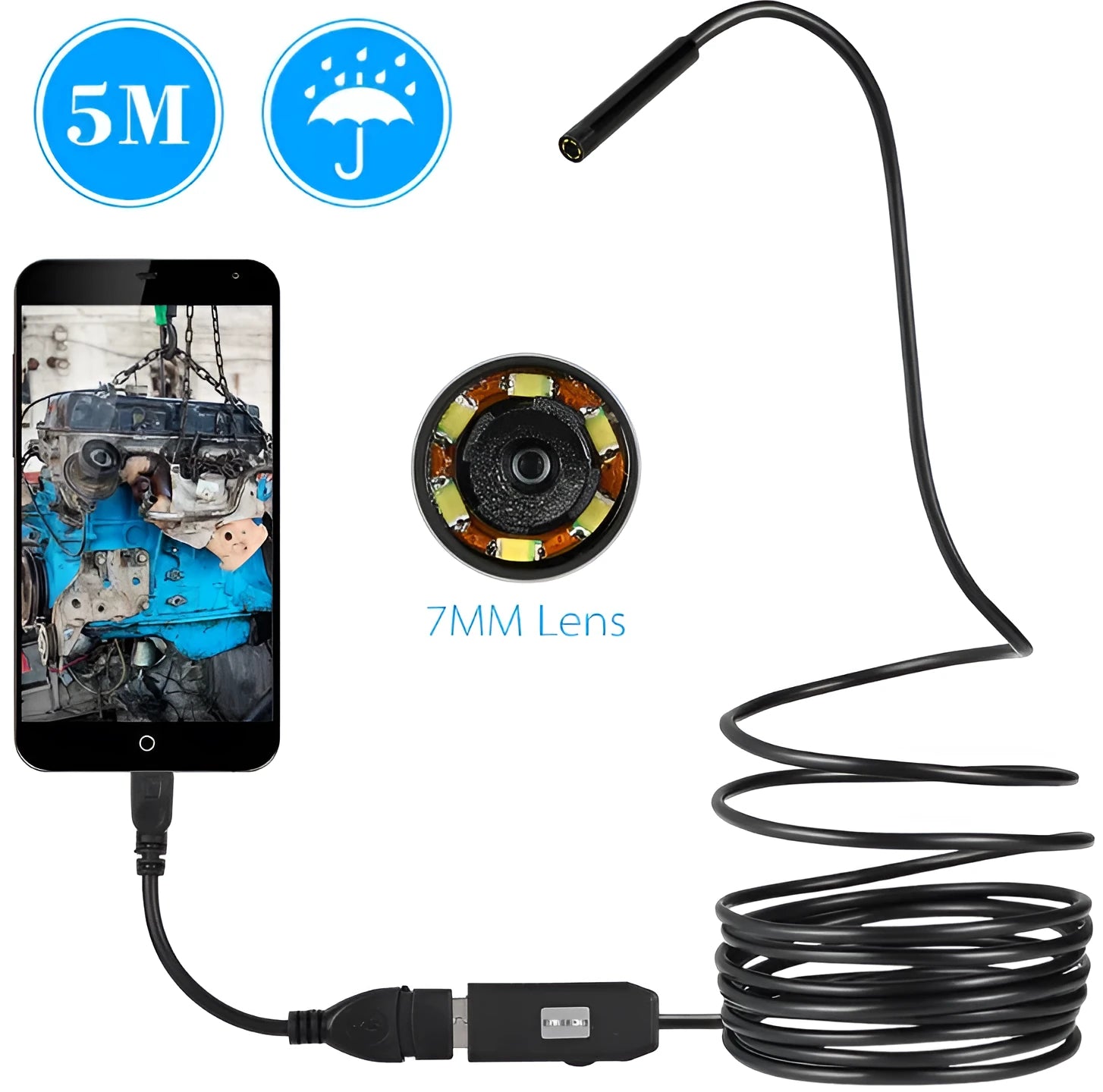 OWSOO USB endoscope with 5m cable, 7mm camera, magnet, hook, and side mirror tools