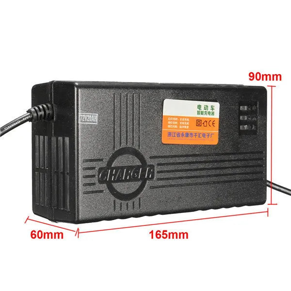 Black 72V 20AH electric car battery charger with compact metal and plastic housing.