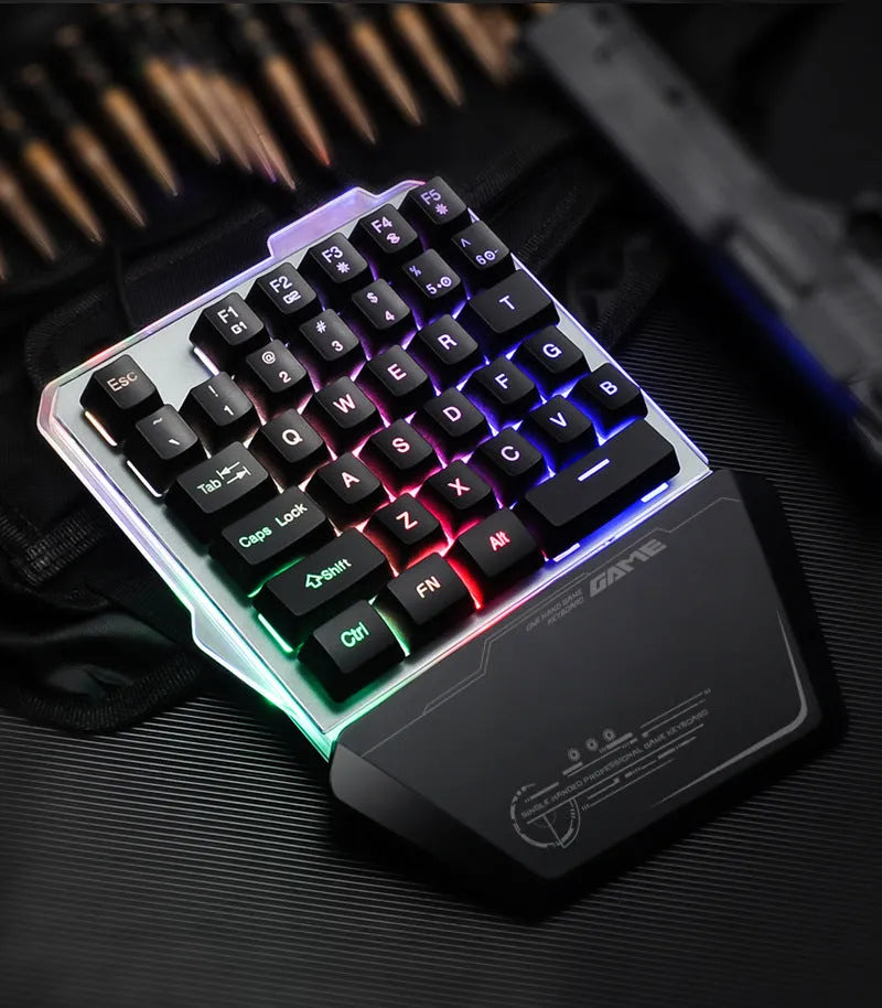 G40 Flow black one-handed gaming keyboard with RGB backlit keys and USB cable