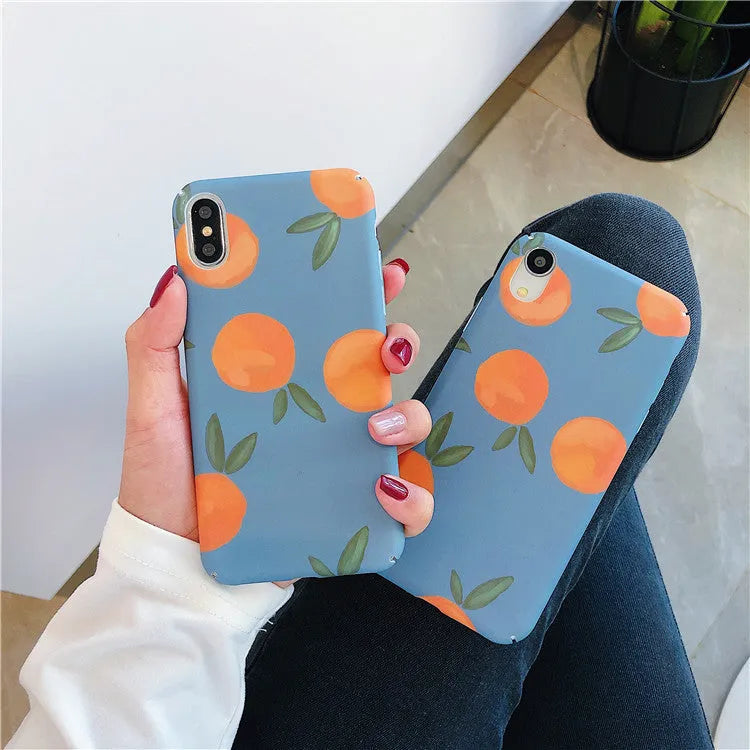 Orange plastic phone case with blue water pattern for iPhone models 6 to 11 Pro Max.