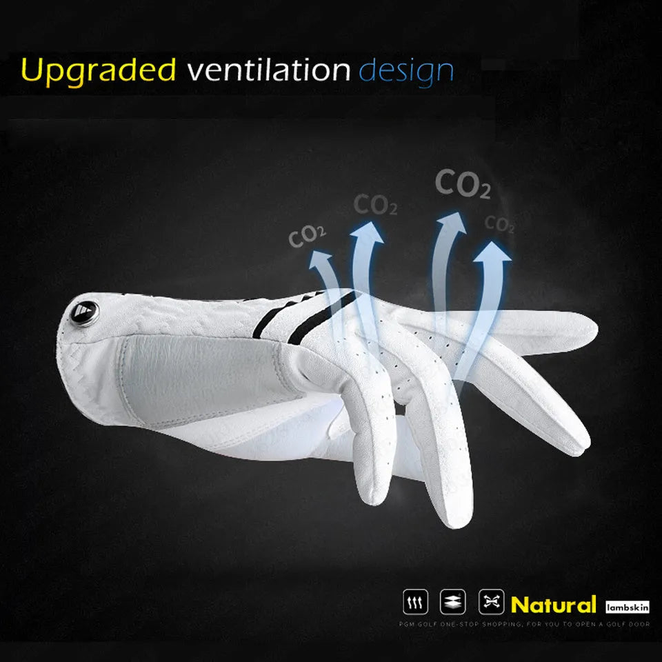 Summer thin golf glove in real sheepskin leather with anti-skid particles, breathable pores, and Velcro closure.