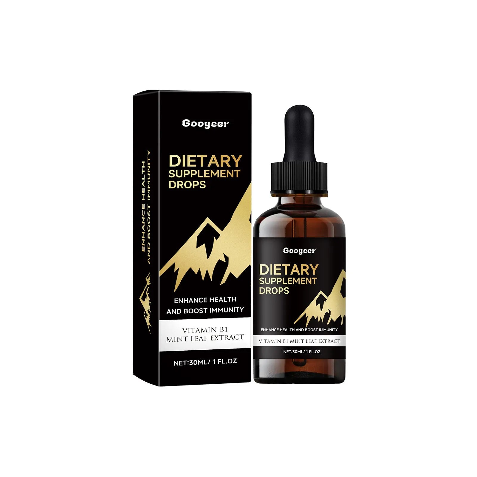 Bottle of dietary supplement drops with a measured dropper for dosage control.