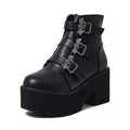 Black women's Harajuku punk ankle boots with a bat-shaped buckle and side zipper.