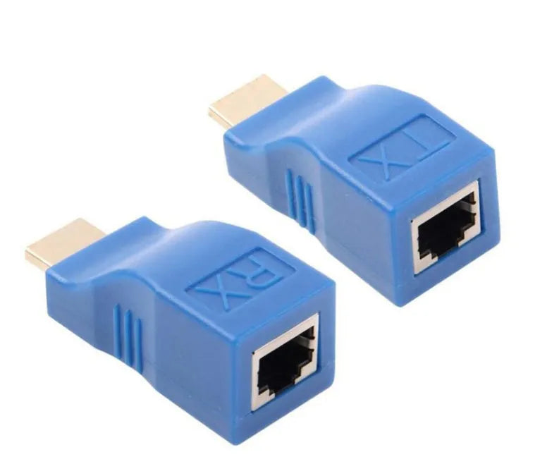 Compact black HDMI extender transmitter and receiver units for use with Cat-5e or Cat-6 cable.
