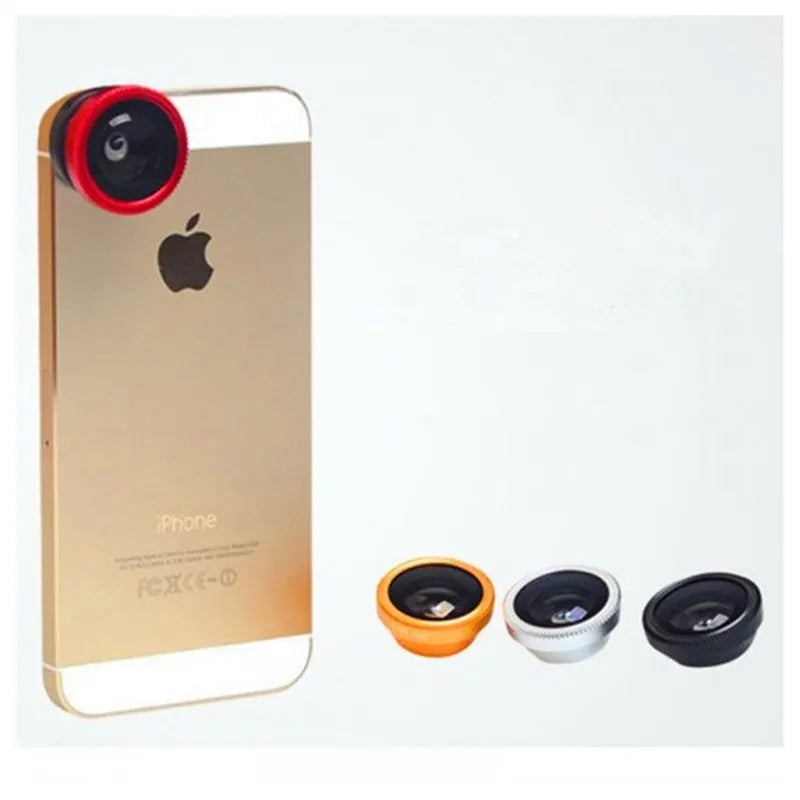 Smartphone 3-in-1 lens kit showing fisheye, wide angle, and macro lenses with universal clip