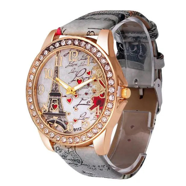 Ladies quartz wristwatch with Eiffel Tower dial, PU leather strap, 40mm alloy case, six colours