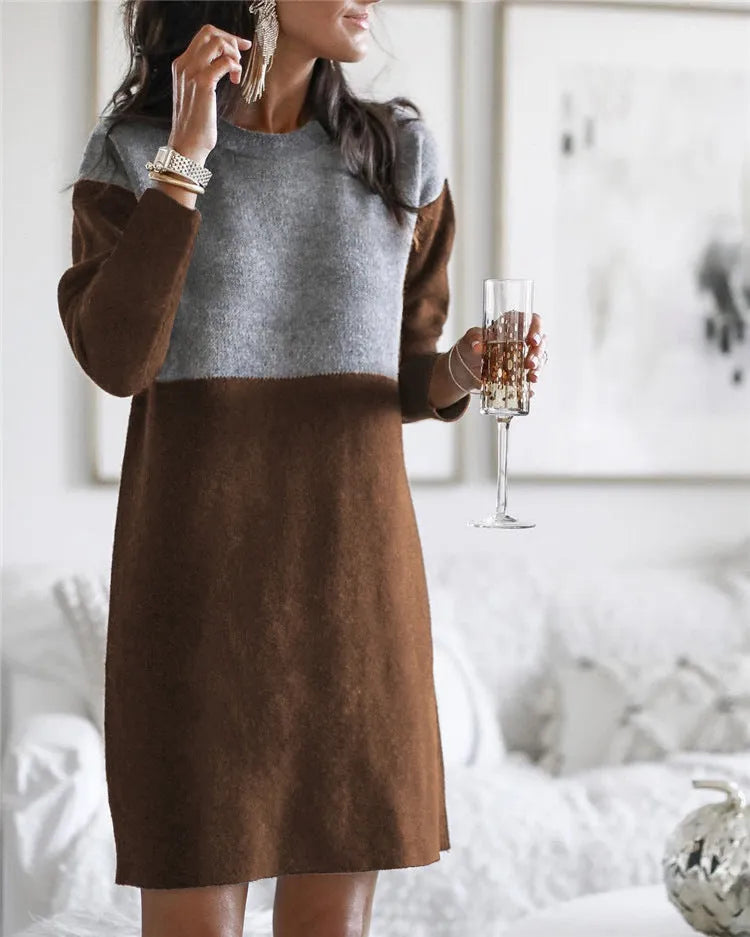 Brown women's sweater dress with princess skirt silhouette, round neck, and long sleeves in polar fleece cotton fabric