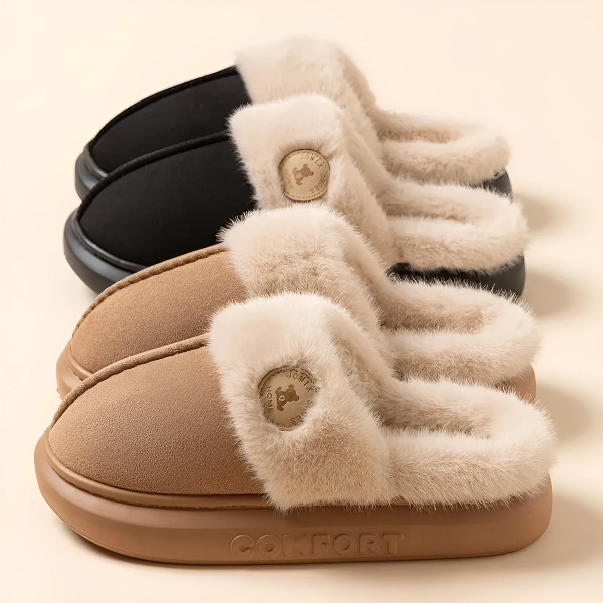 Plush winter home slippers for women and men with non-slip PVC sole, available in black, blue, brown, khaki, and pink.