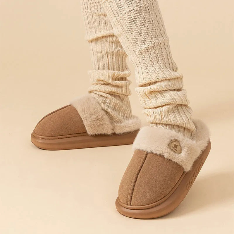 Plush winter home slippers for women and men with non-slip PVC sole, available in black, blue, brown, khaki, and pink.