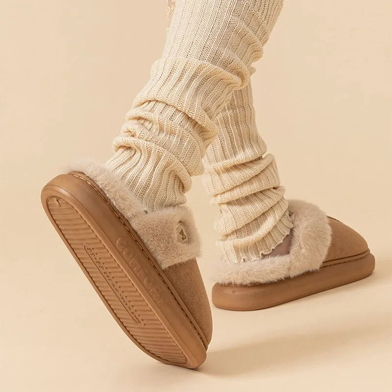 Plush winter home slippers for women and men with non-slip PVC sole, available in black, blue, brown, khaki, and pink.