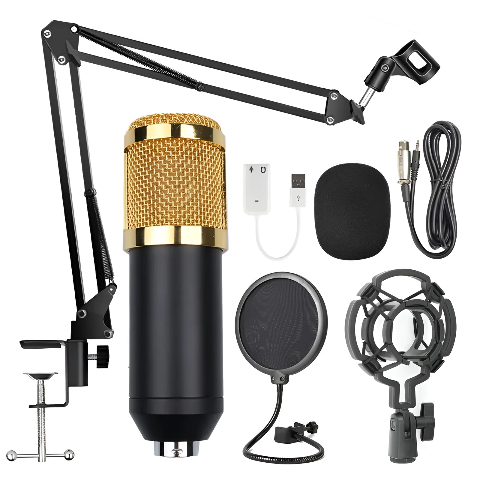 BM-800 condenser microphone stand set in various colours on a desktop