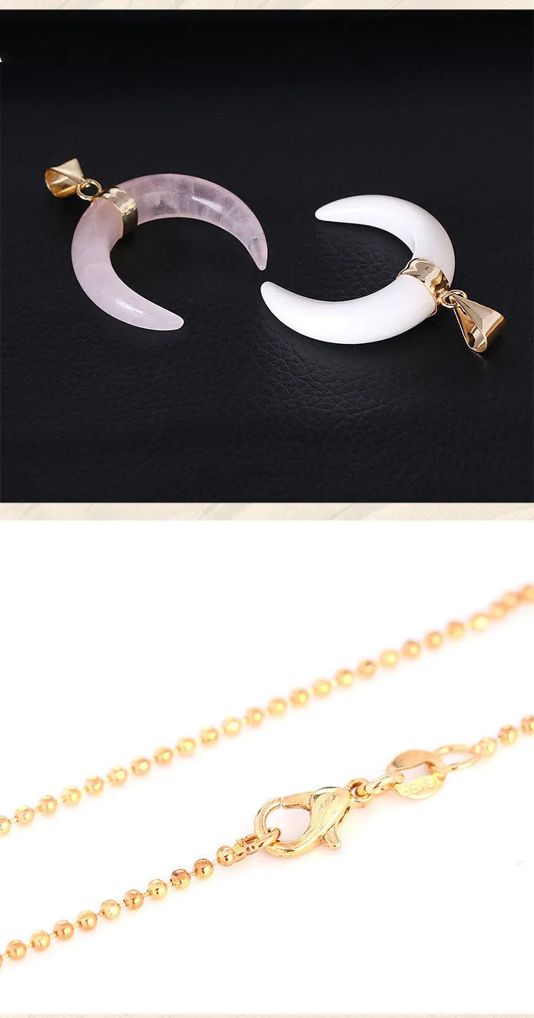 Pink or purple natural crystal moon pendant necklace on a 45cm copper chain.