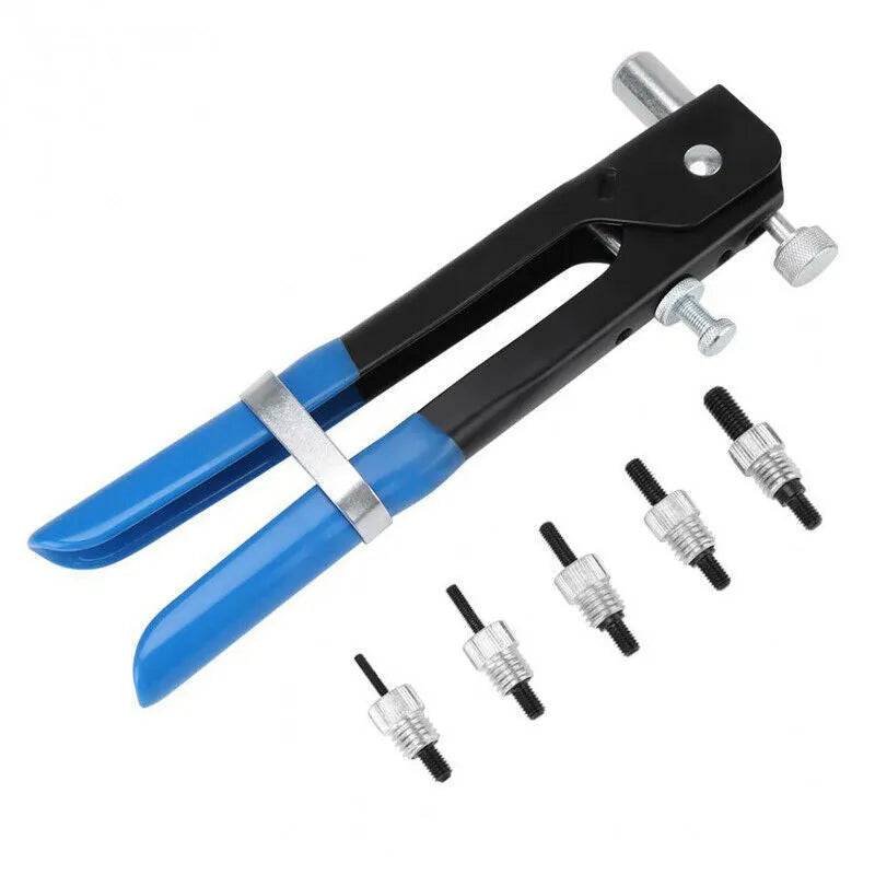 Manual riveter nut set with alloy steel construction, interchangeable nosepieces, and organised components in storage case