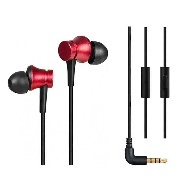 Piston-style in-ear wired headphones with 3.5mm audio jack in black, blue, and red colour options