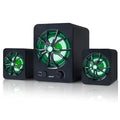 Green 2.1 USB computer speaker with glowing colourful lights showing USB and audio jack ports