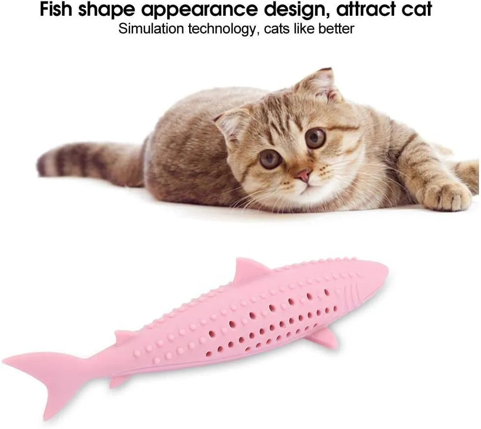 Green silicone fish-shaped cat chew toy with breathable side holes for catnip scent release