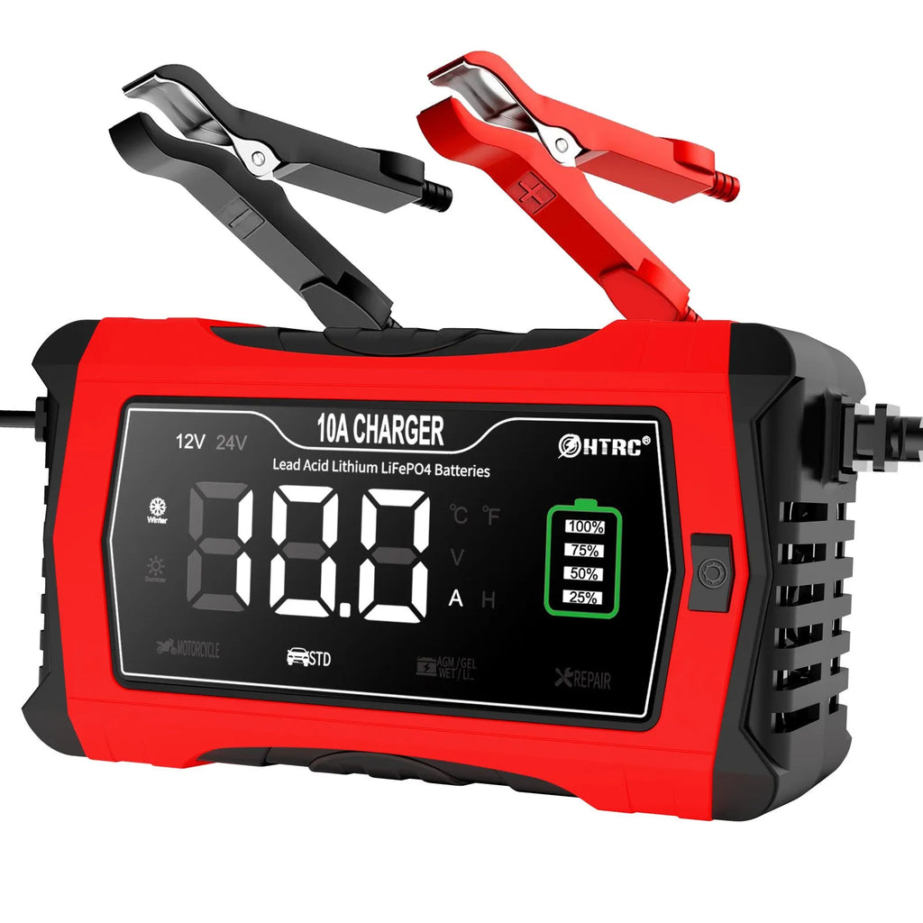 Fiberglass car motorcycle storage battery charger in red and black with EU power supply and blue full-charge indicator