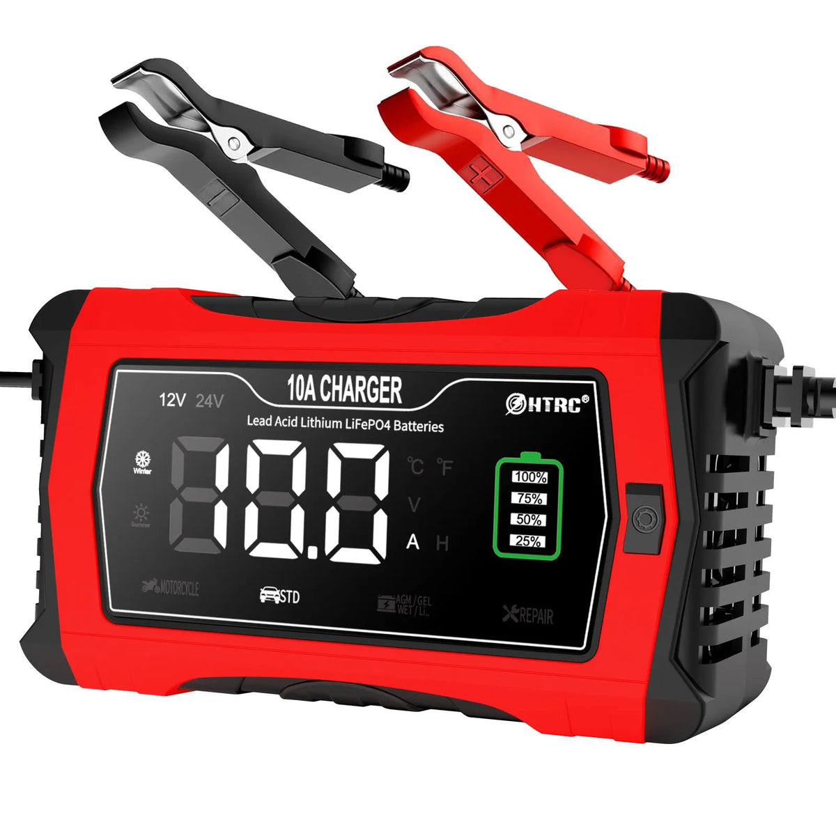 Fiberglass car motorcycle storage battery charger in red and black with EU power supply and blue full-charge indicator