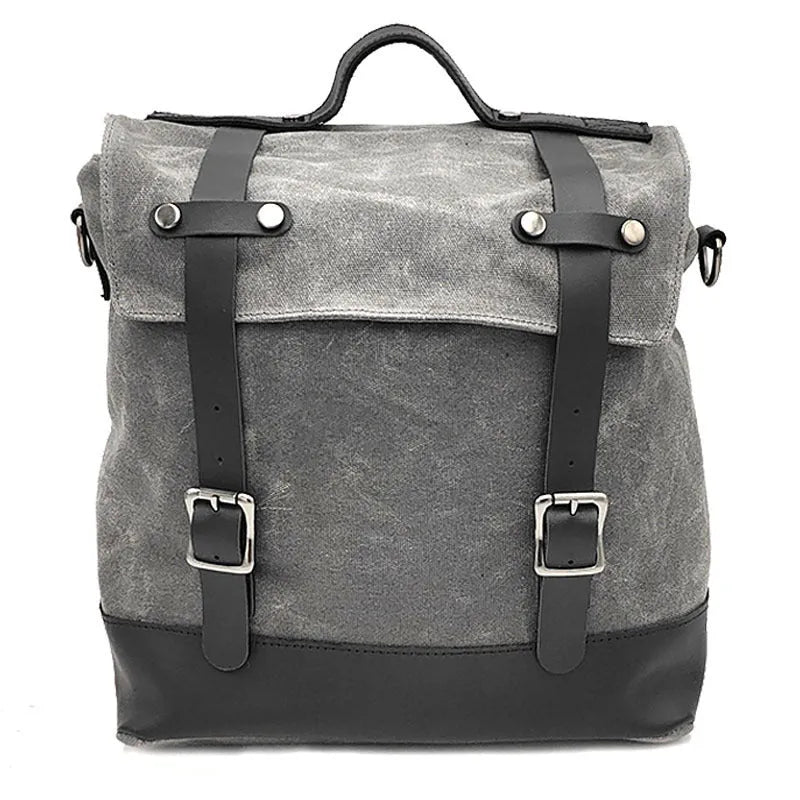 Universal waterproof canvas motorcycle side pannier pack with leather reinforcement in black colour