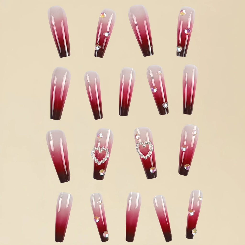 Wine red gradient plaid false nail tips with pearl heart detail in long ballet style
