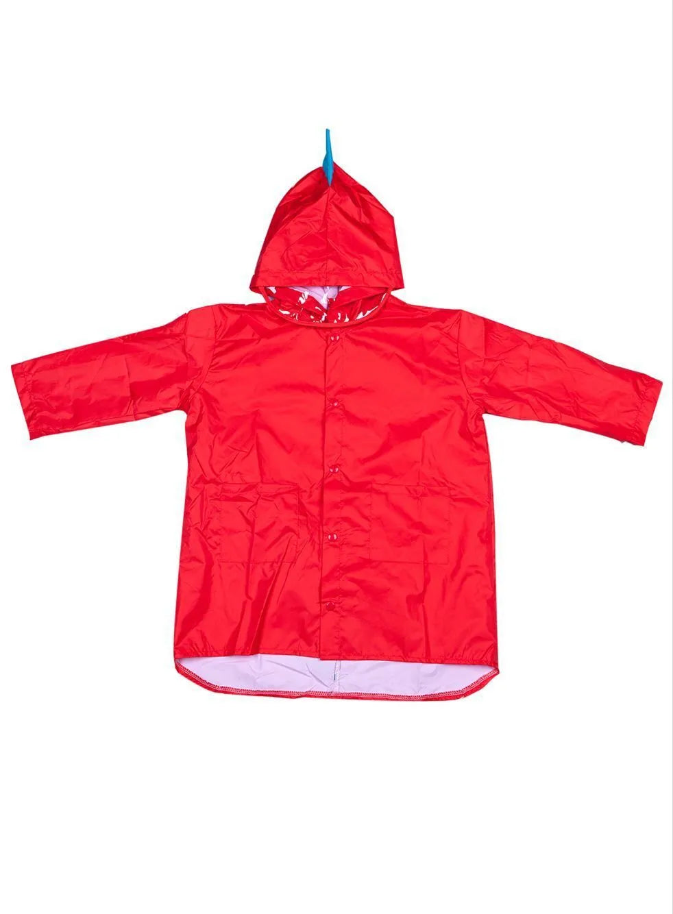 Dinosaur raincoat for kids in red or yellow, hooded design, sizes S to 3XL with size chart measurements