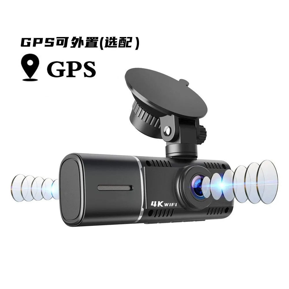 Standard black dual-channel dash camera with 1.5-inch screen on car windscreen.