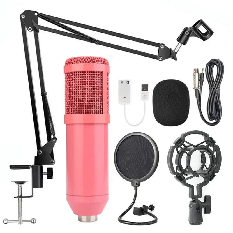 BM-800 condenser microphone stand set in various colours on a desktop