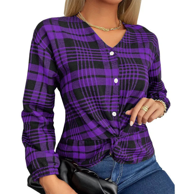 Women's loose fit plaid casual shirt in purple, grey or red with regular sleeves