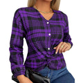 Women's loose fit plaid casual shirt in purple, grey or red with regular sleeves
