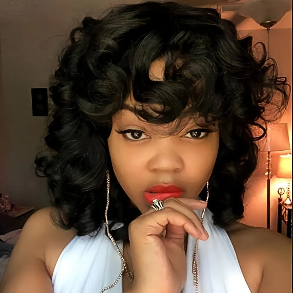 Women's short black synthetic Afro wig with long curly texture