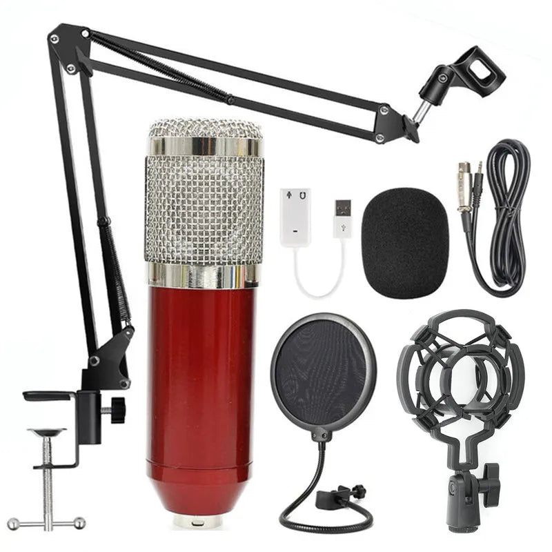 BM-800 condenser microphone stand set in various colours on a desktop