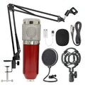 BM-800 condenser microphone stand set in various colours on a desktop