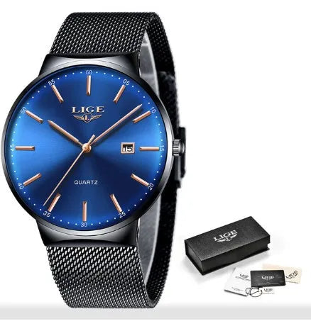 Men's stainless steel analogue wristwatch with a 40mm black dial on a matching bracelet.