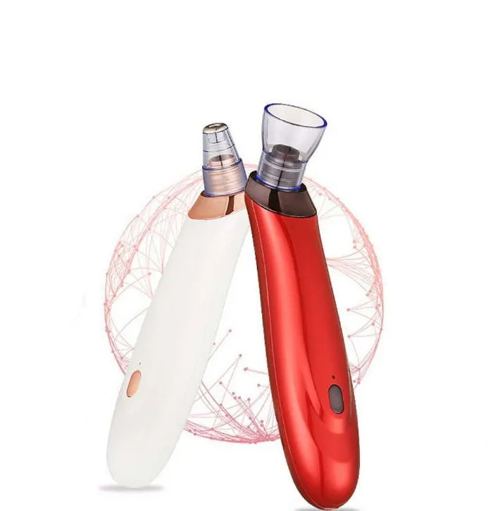 Handheld electric blackhead remover device in black with multiple nozzle attachments.