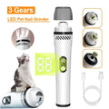 Electric dog nail grinder with LED indicators showing 3-speed settings and dust collection port