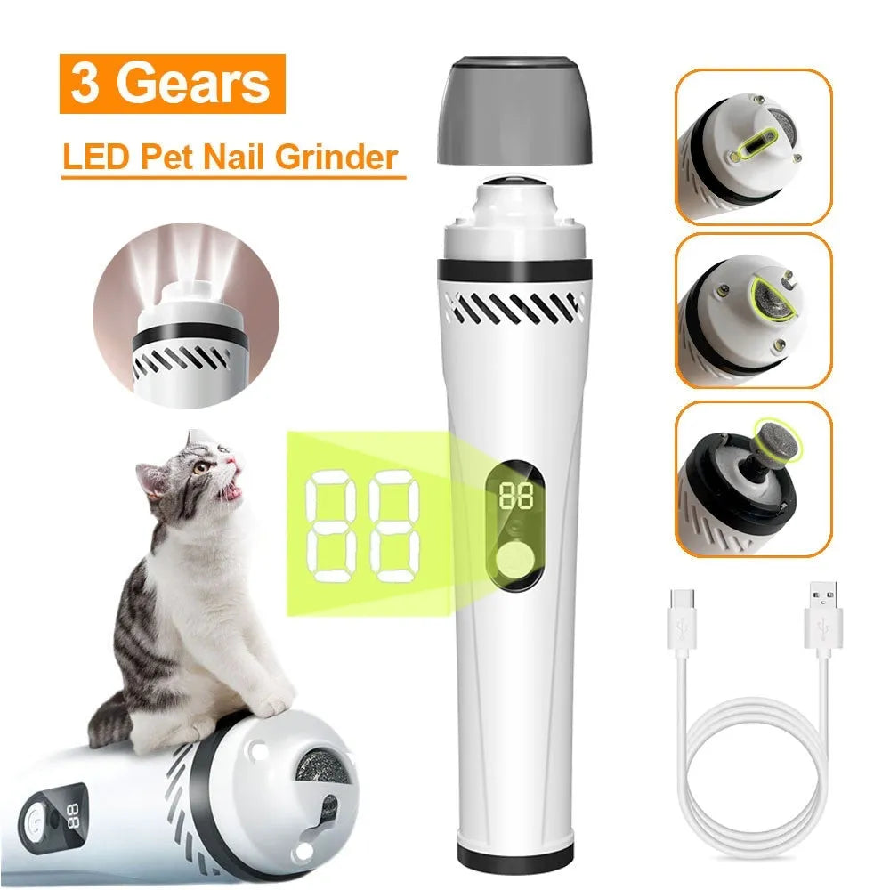 Electric dog nail grinder with LED indicators showing 3-speed settings and dust collection port