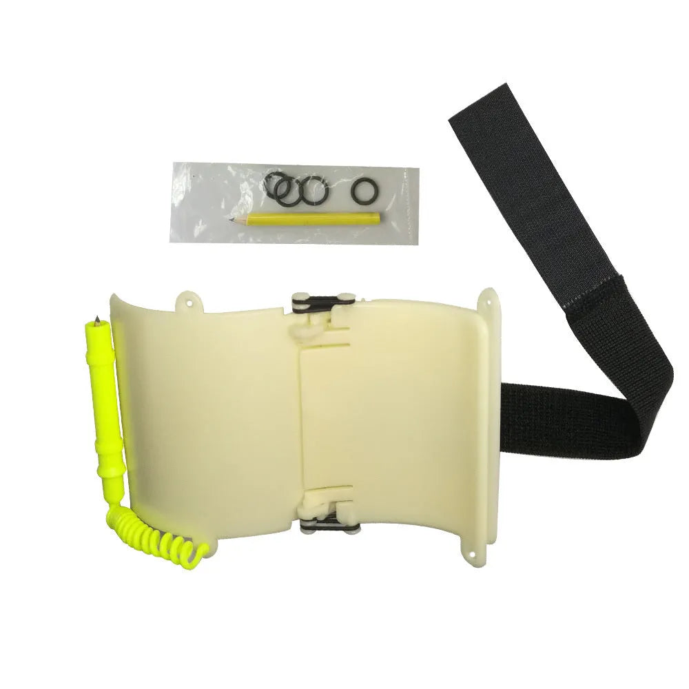 White luminous underwater writing board mounted on diving wrist with pencil and spare O-ring