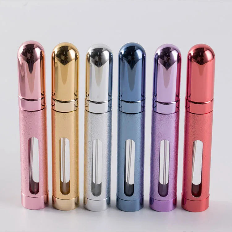 12ml portable perfume bottle, aluminium bottle with glass liner, 115mm x 20mm, 24g, shown in blue gold pink red silver violet