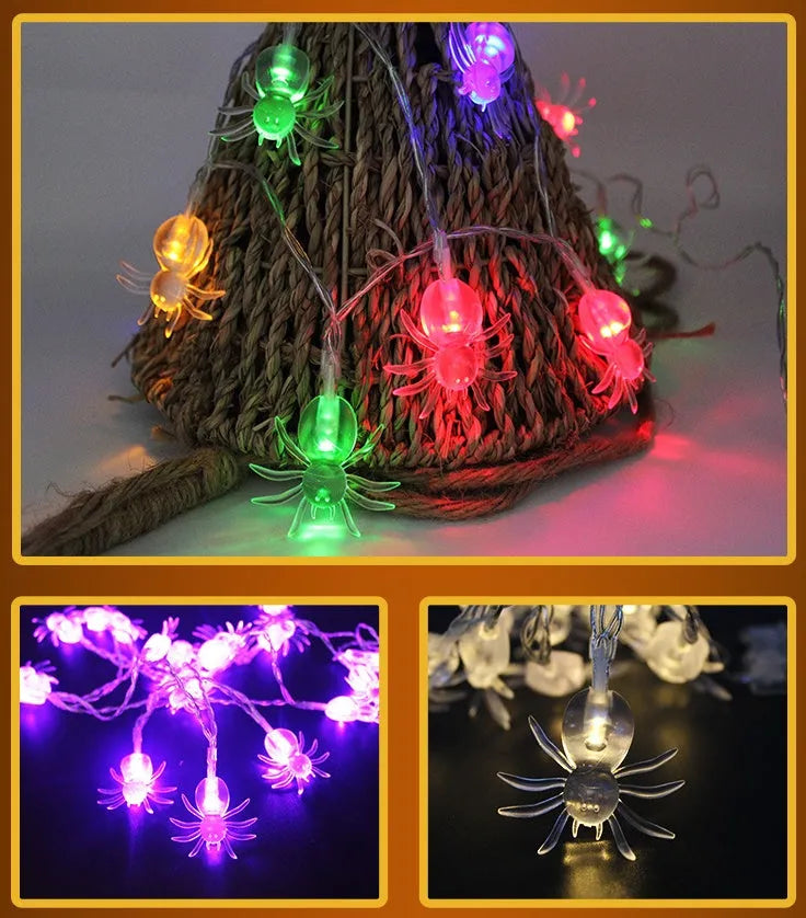 Halloween decoration LED string lights with 10 LED heads including pumpkin, bat, and ghost pendants on a dark background