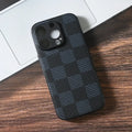 Black imitation leather iPhone case with shockproof and fingerprint-proof features, available in four pattern designs.