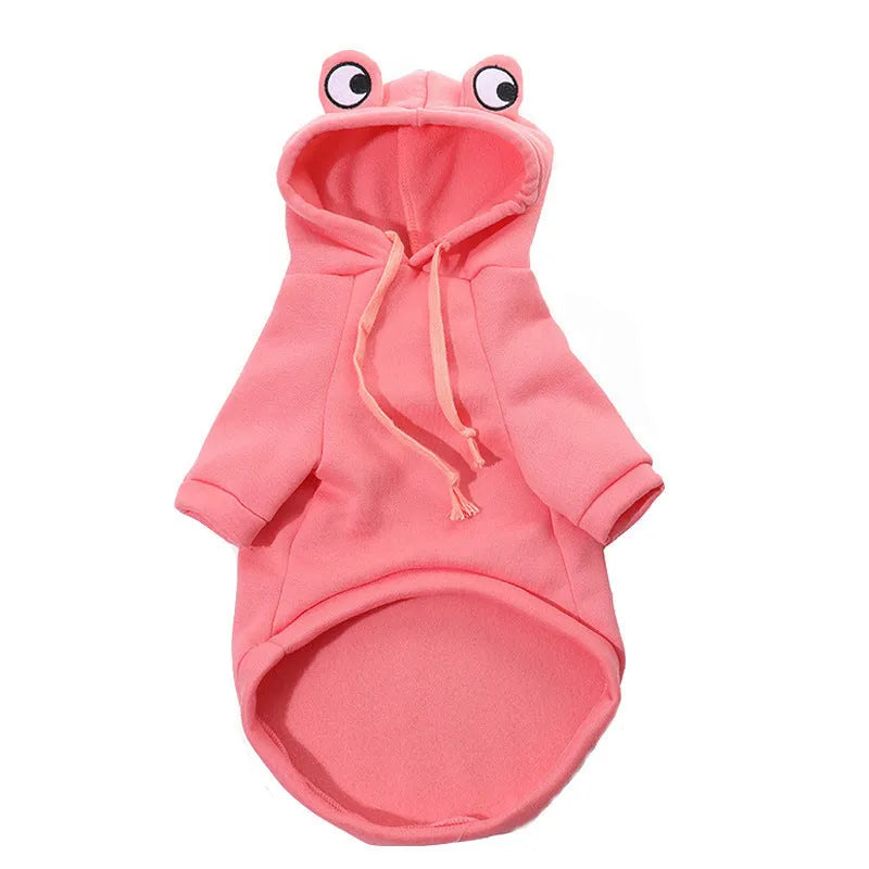 Green frog costume hoodie for small dog or cat with fleece material and front leg openings